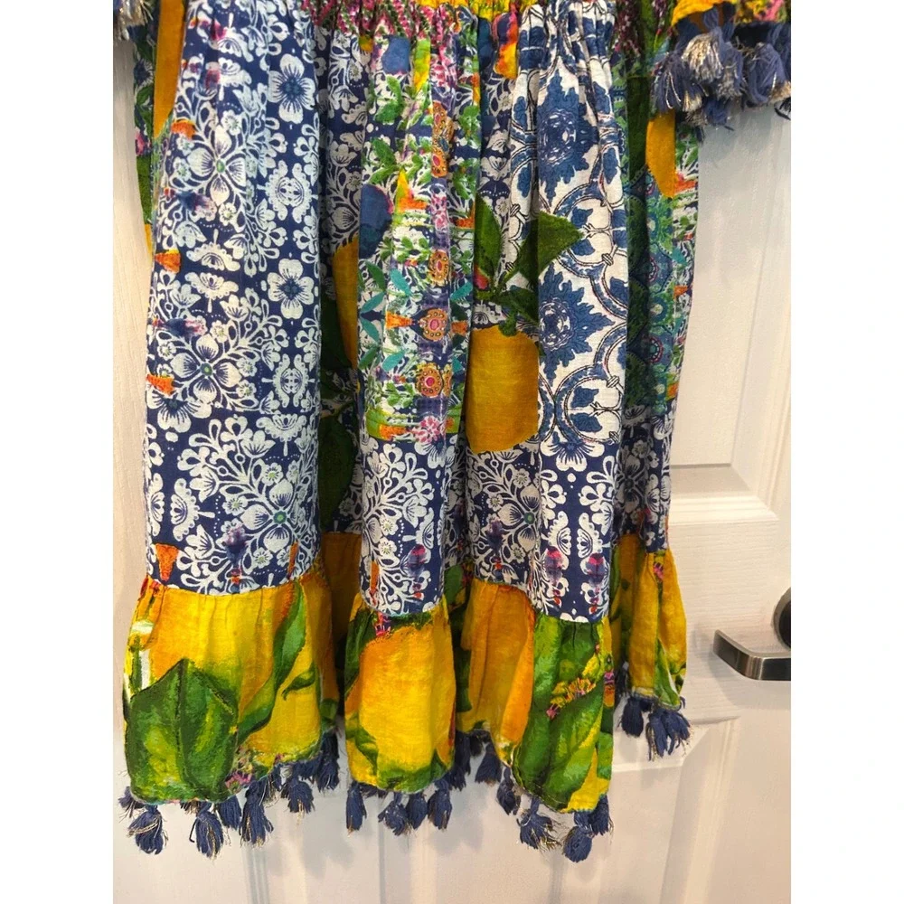 Antica Sartoria Dress Yellow Patchwork Lemon Beaded Tassel Boho Summer Kids OS